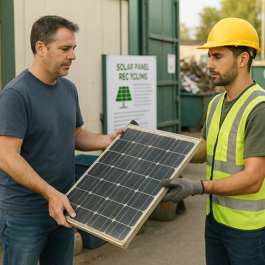 Homeowner Recycling Solar Panel Homeowner handing over an old solar panel to a recycling center employee with an information poster visible in the background.