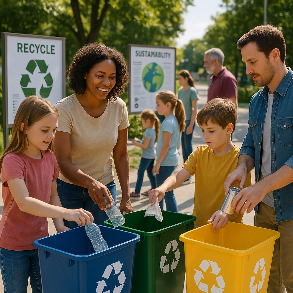 Community Recycling Initiative Hopeful community scene with children and adults placing recyclables in bins, modern educational displays, green trees and clean surroundings, bright lighting.