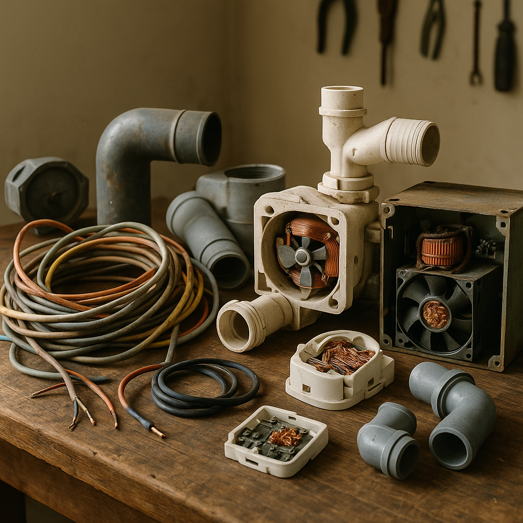 Assorted Household and Industrial Items A variety of household and industrial items on a table, including old electrical wires, plumbing pipes, electronics, and broken appliances showing exposed copper parts.