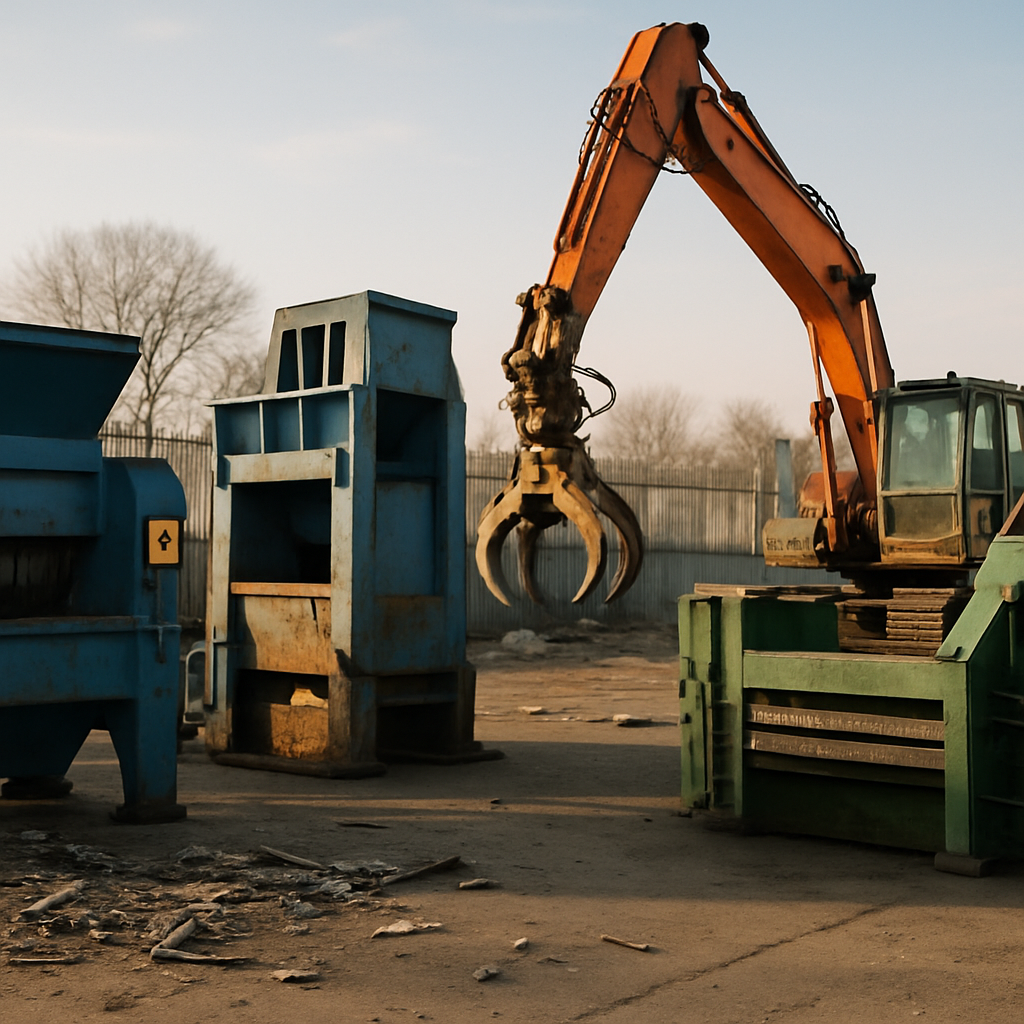 Industrial Scrap Machines in Recycling Yard A variety of industrial scrap machines including shredders, balers, and cranes in a recycling yard under daylight.