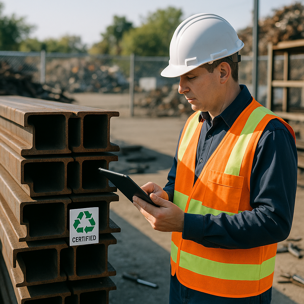 Inspector Evaluating Recycled Steel Beams Inspector checking recycled steel beams with a digital tablet, green certification symbols visible