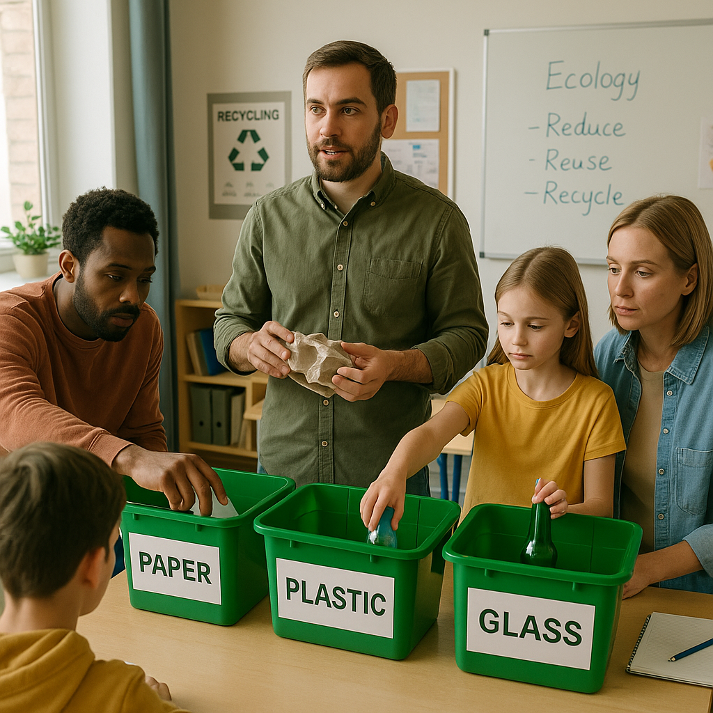 Educator-led Recycling Demonstration Educator leading an interactive recycling demonstration in a classroom with participants sorting items into labeled bins.