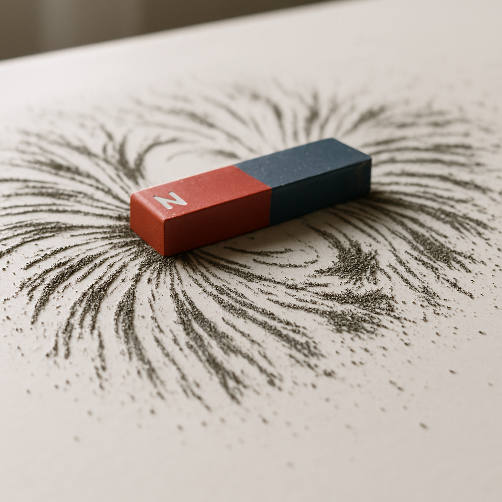 Iron filings creating patterns around a magnet on a white surface