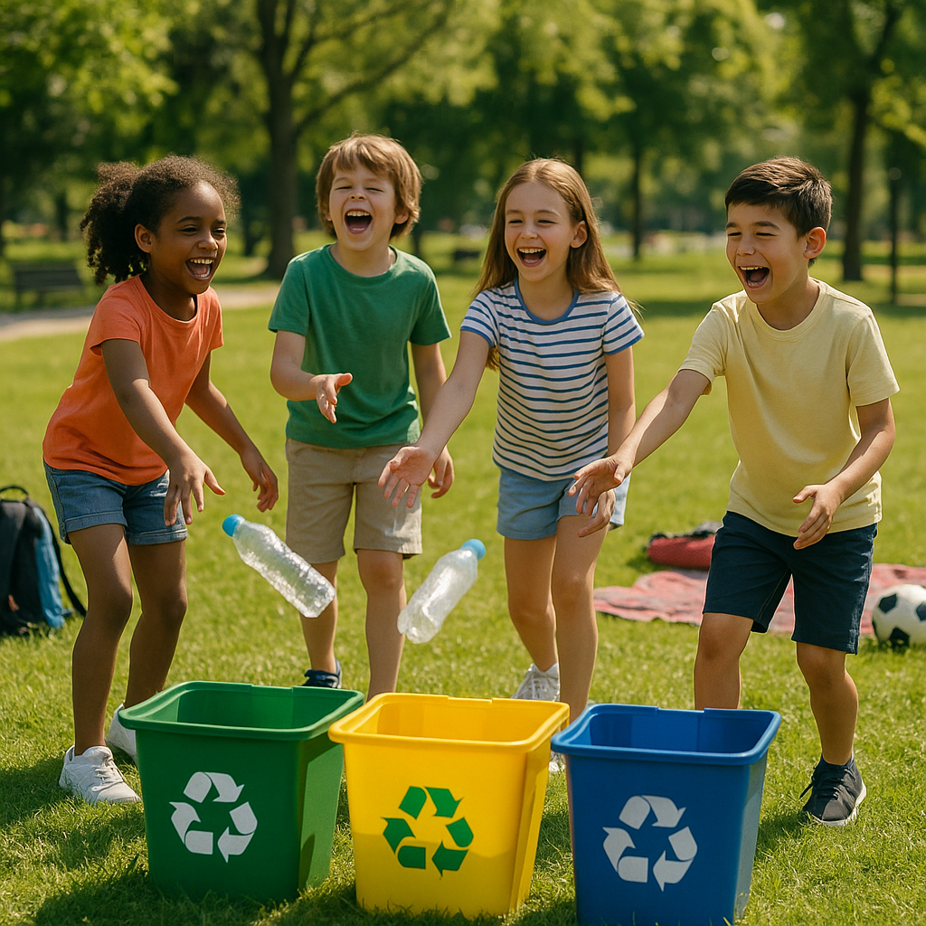 Kids laughing while playing a recycling-themed game, tossing bottles into bins at a sunny park.