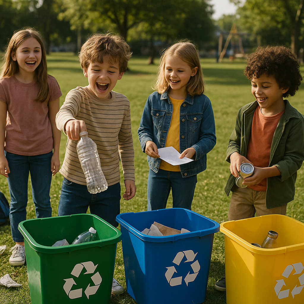 Kids Playing Recycling Game Kids playing a recycling sorting game outdoors, laughing and placing items into colorful bins.