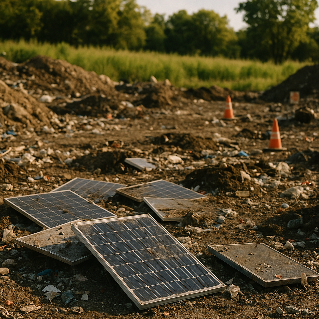 Landfill of Discarded Solar Panels Landfill with discarded solar panels contrasted with a lush green landscape in the background.