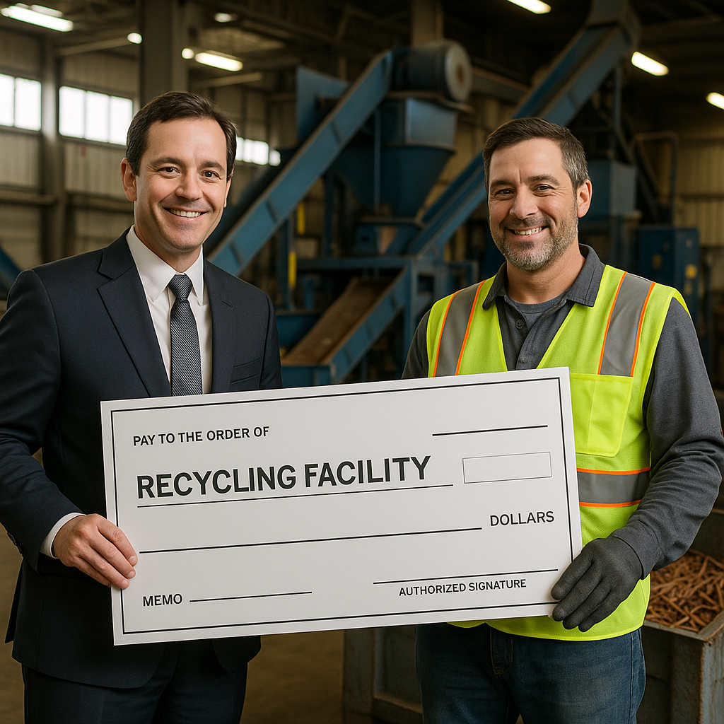 Official Handover of Check to Recycling Facility Official handing over large check to recycling facility manager with copper recycling machinery in background