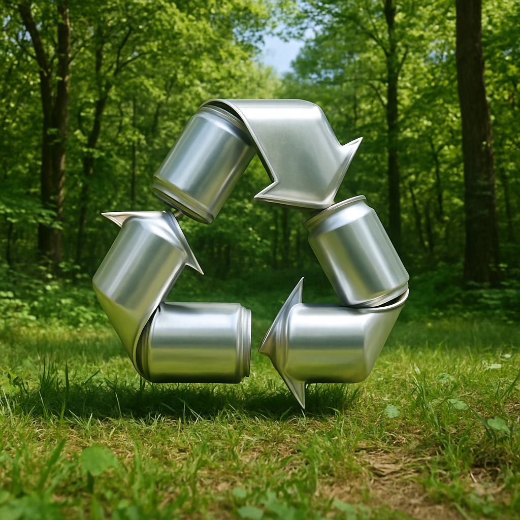 Lush Forest with Recycling Symbol Lush green forest with a recycling symbol made of aluminum cans in the foreground and a clear sky in the background