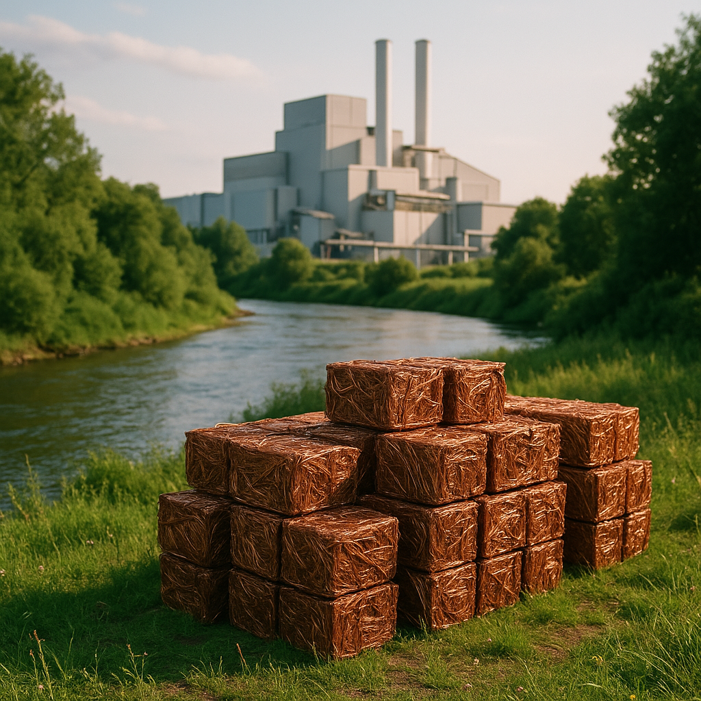 Sustainable Landscape with Clean River Lush green landscape with a clean river and a factory in the background emitting no smoke.