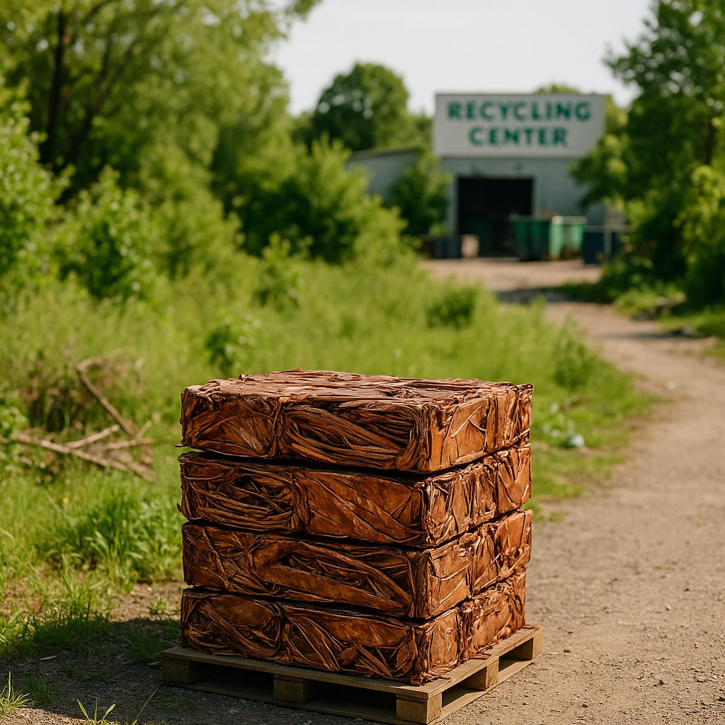 Lush Green Landscape with Recycling Center Lush green landscape with a recycling center in the distance and a stack of recycled copper in the foreground.