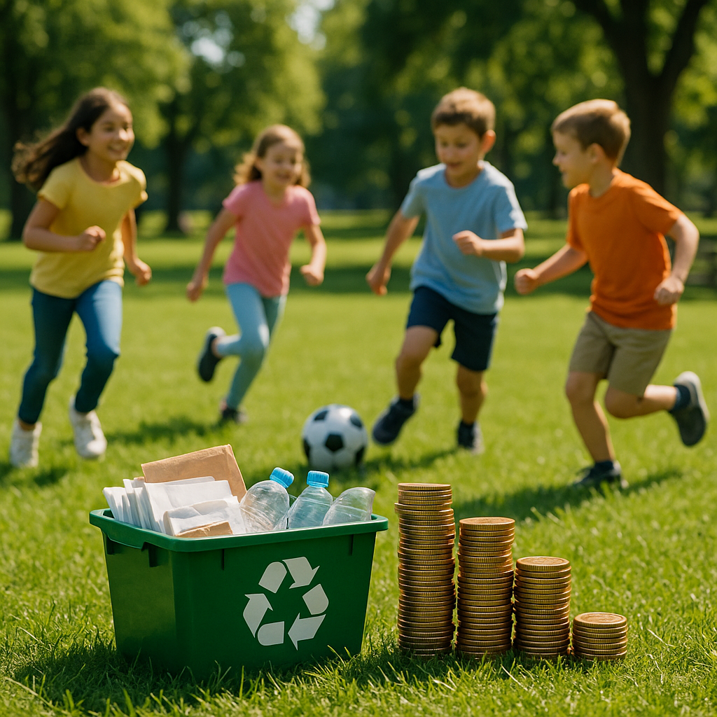 Children Playing in a Green Park Lush green park with children playing and a recycling bin filled with sorted materials next to a stack of coins