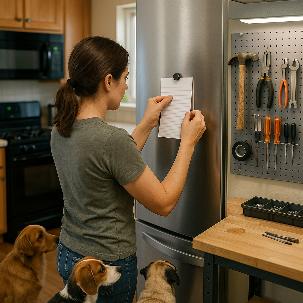 Person attaching a notepad to a refrigerator using a small magnet and organizing tools in a workshop with tiny magnets in a bright setting.