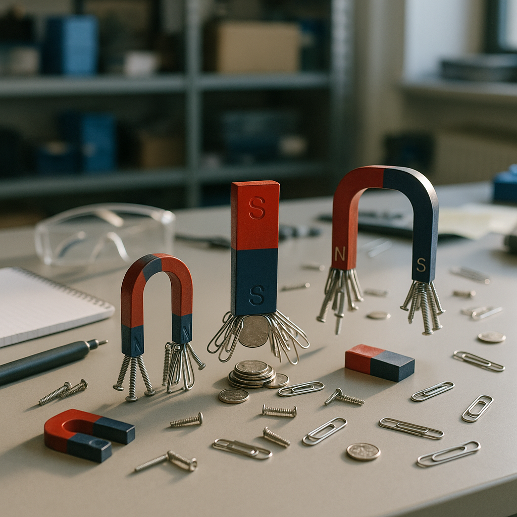 Array of magnets attracting and repelling various objects on a laboratory table in a close-up view.