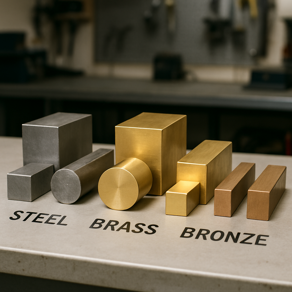 Metal Alloy Samples on Workbench A variety of metal alloy samples, including steel, brass, and bronze, displayed on a clean workbench under bright workshop lighting, each labeled.