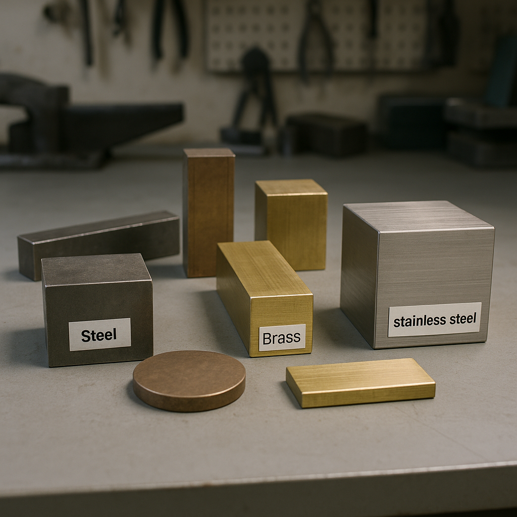 Metal Alloy Samples on Workbench Variety of metal alloy samples displayed on a clean workbench, labeled steel, bronze, brass, and stainless steel under clear lighting.