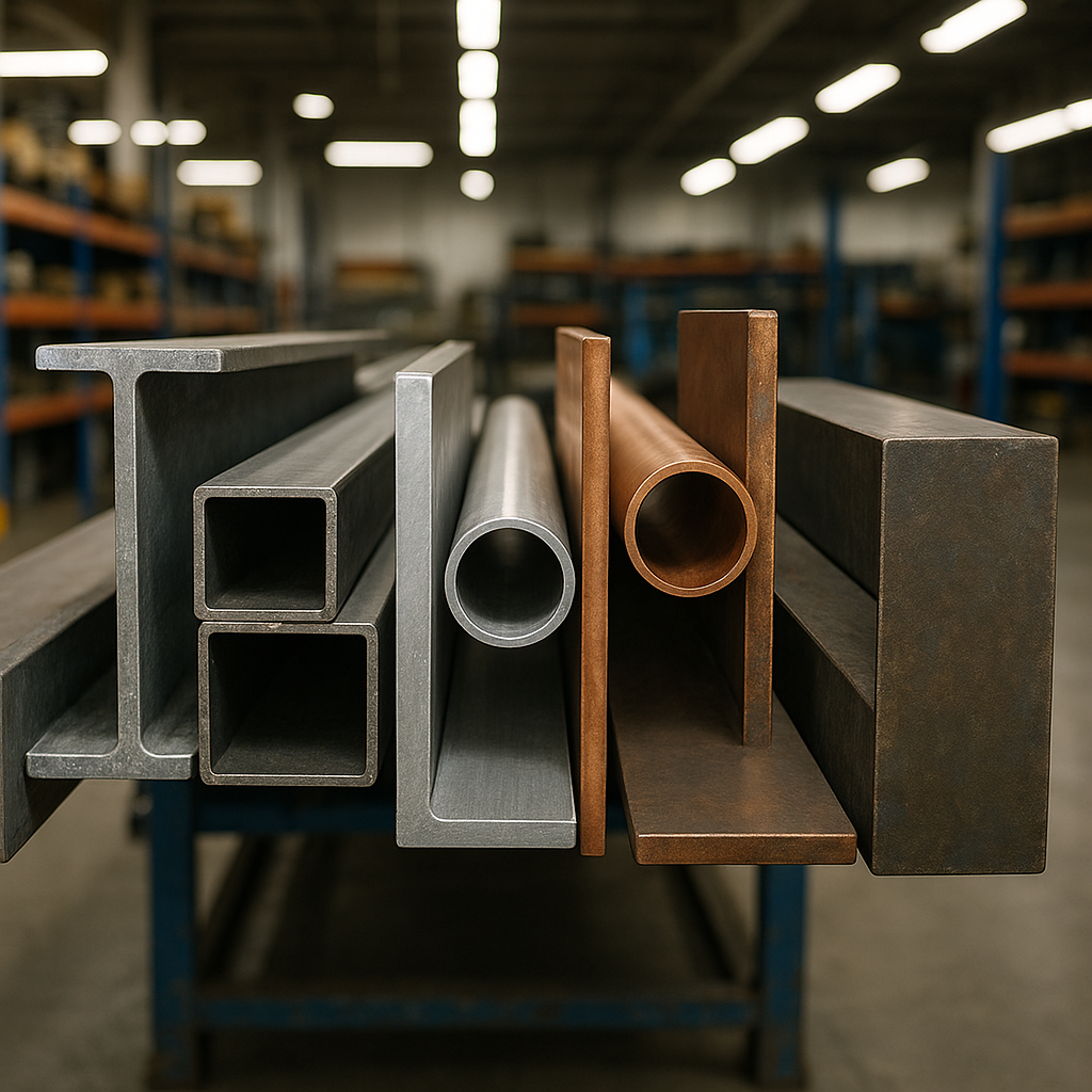 Display of Metal Beams and Sheets in Warehouse Variety of metal beams and sheets including steel, aluminum, copper, and iron displayed in a warehouse under bright industrial lighting.