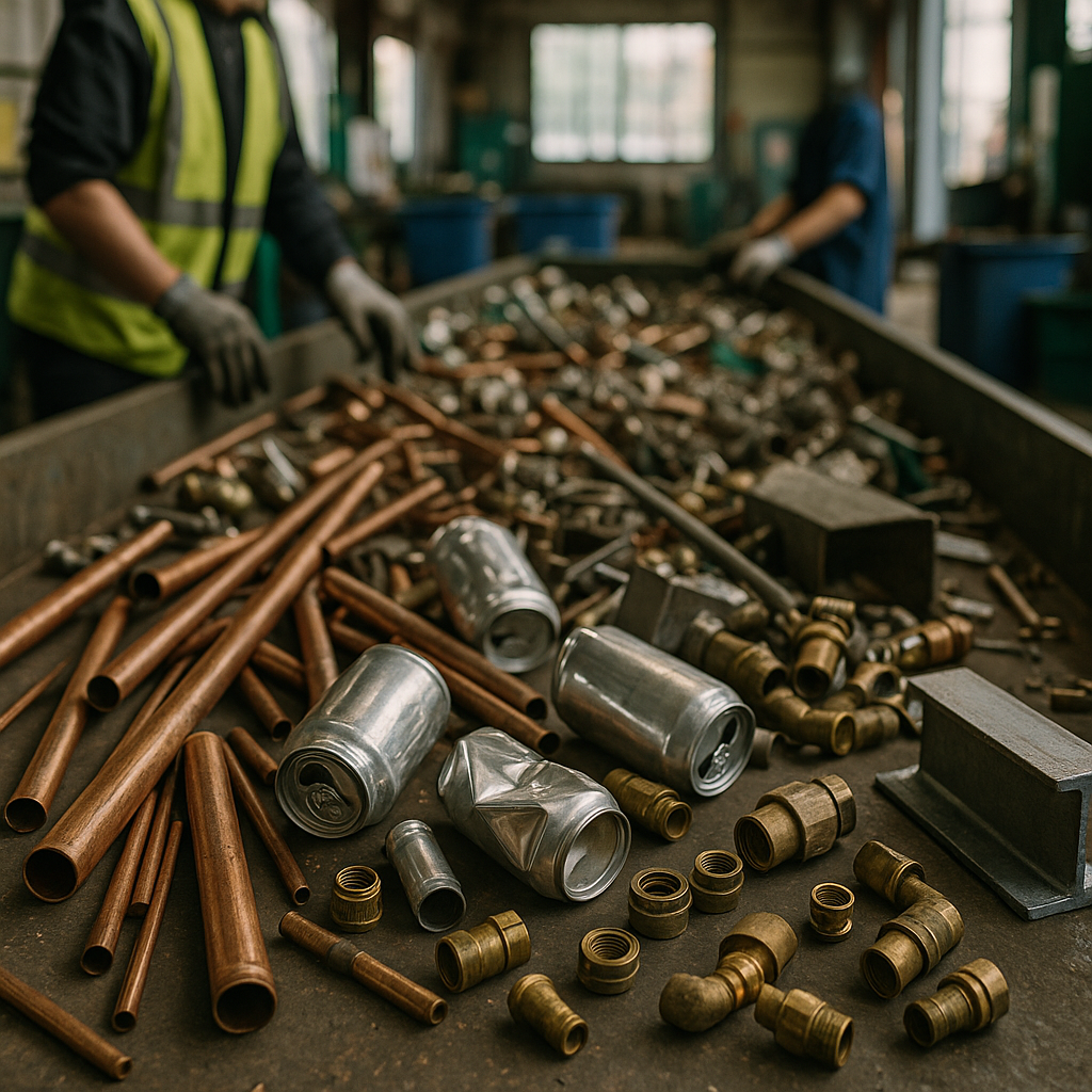 Sorting Metal Objects in Recycling Facility A variety of metal objects on a sorting table, including copper pipes, aluminum cans, steel beams, and brass fittings, in a recycling facility with workers wearing gloves.