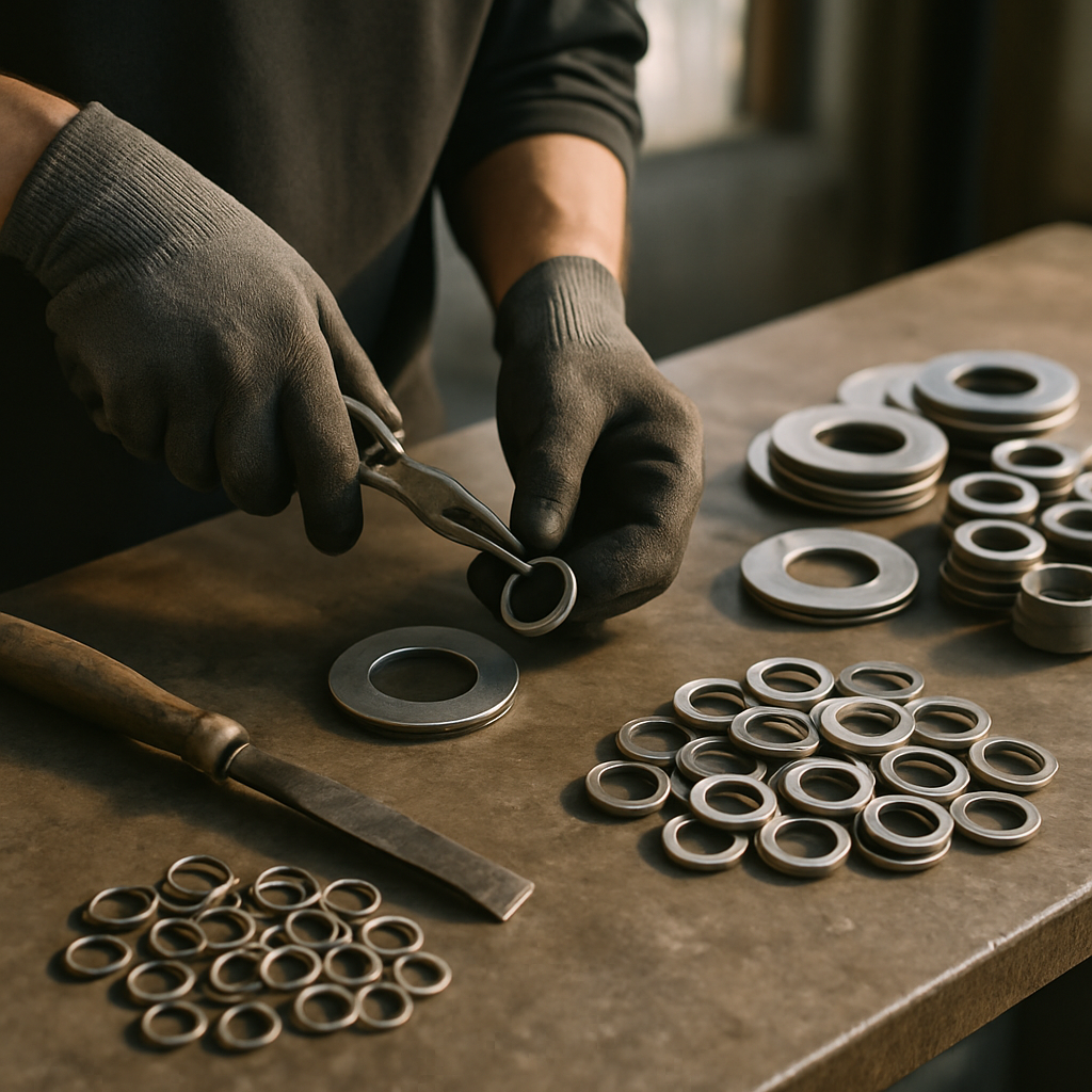 Metal Parts Cleaning and Sorting Person wearing gloves using tools to separate and clean metal parts on a workbench, with organized piles of cleaned and sorted metals nearby.