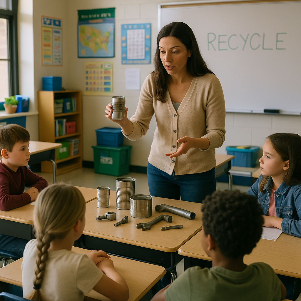 Elementary Students Learning Metal Recycling Elementary school students learning about metal recycling with a teacher demonstrating various metal objects in a classroom setting.