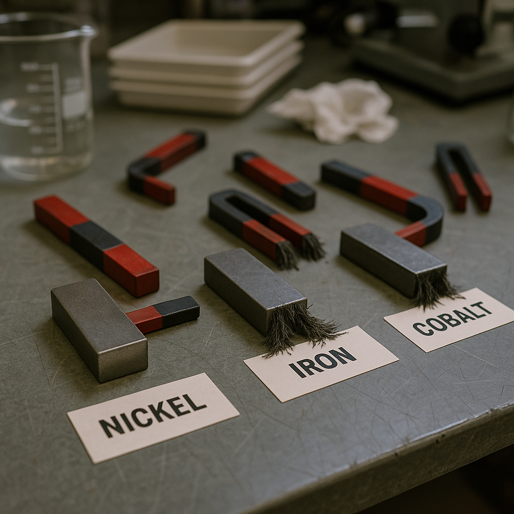 Metal Samples and Magnet Strength Array of different metal samples including nickel, iron, and cobalt with magnets attracting them at varying strengths in a laboratory setting.