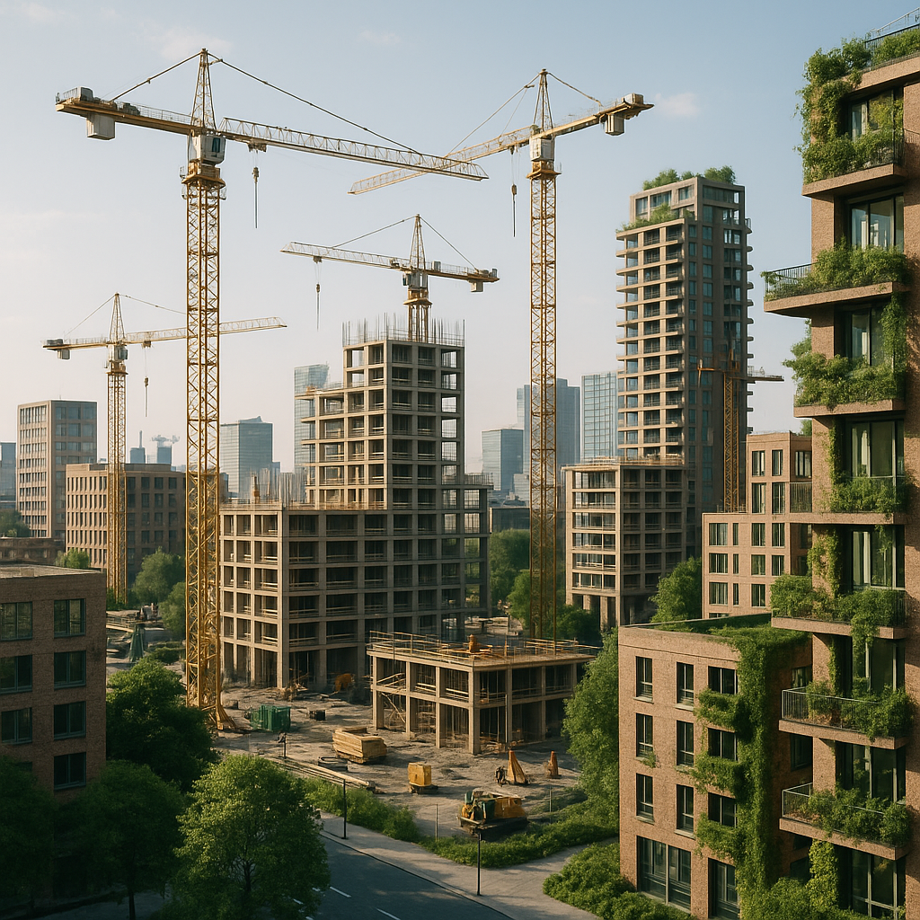 Optimistic Modern City Skyline Modern city skyline featuring cranes and new buildings made from recycled materials, surrounded by lush greenery under a clear sky.