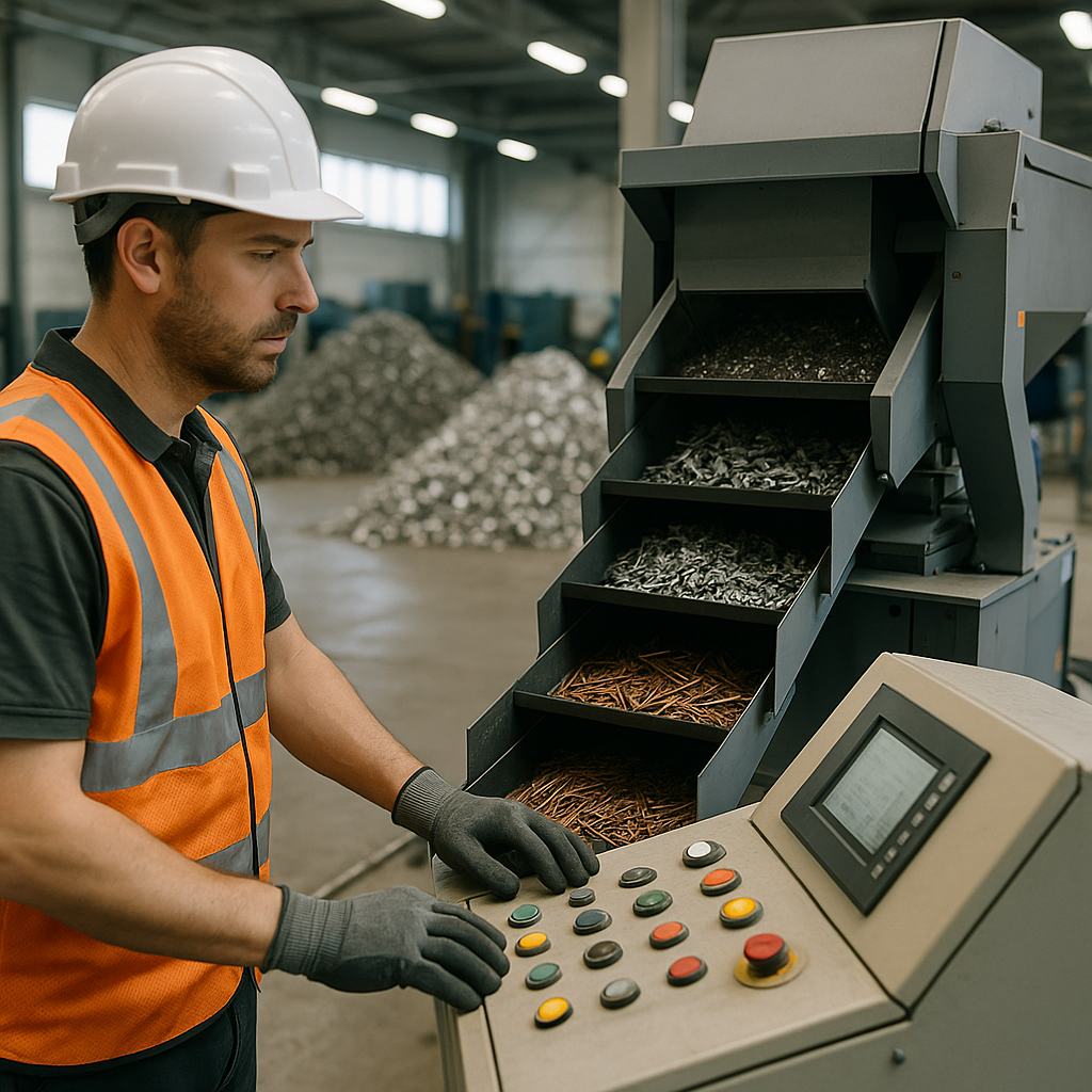 Modern recycling machine separating different metals with a worker operating the control panel in a clean industrial setting.