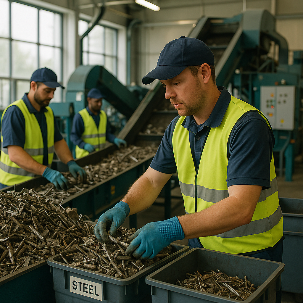Efficient Metal Recycling Operations Workers operating modern scrap machinery in a recycling plant, processing and sorting metal scraps in a clean and organized environment, focusing on efficiency.