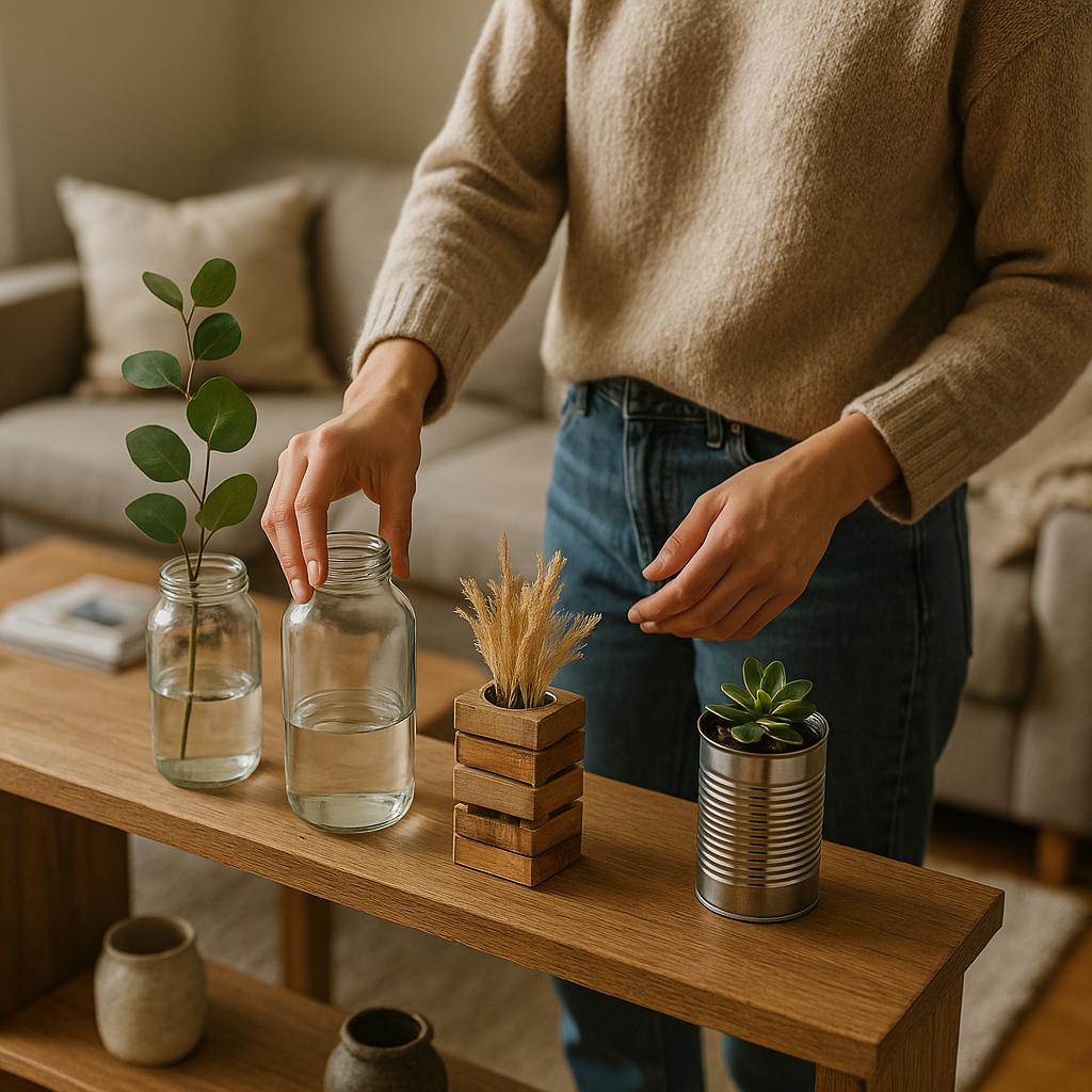 Adult arranging modern decorative pieces made from glass jars, wooden pallets, and metal cans on living room shelf in a cozy home setting.