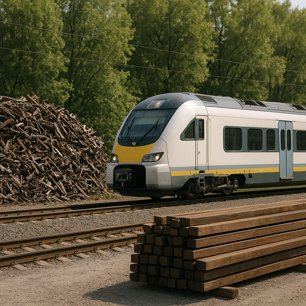 Modern Train and Recycled Materials Modern train passing by piles of neatly sorted recycled steel and wooden beams with green trees in the background in a clean environment.
