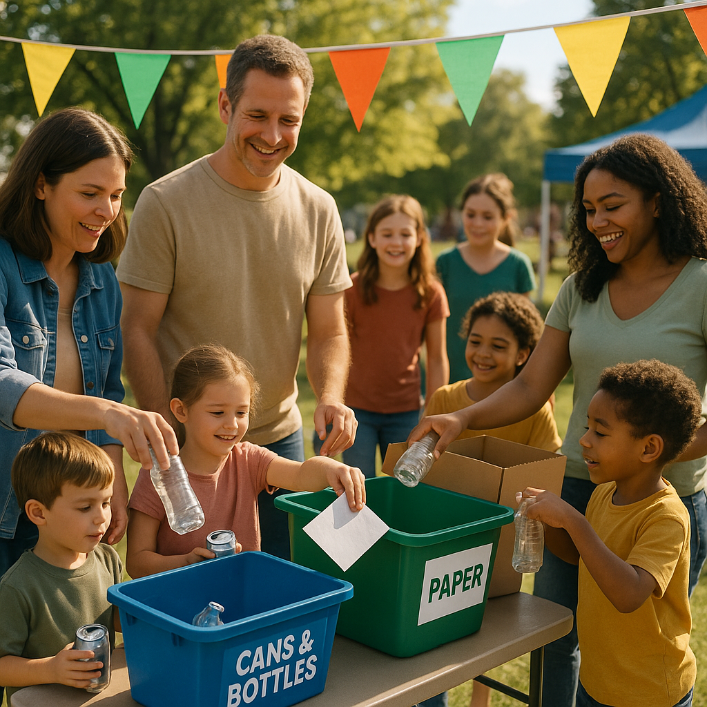Neighborhood Recycling Event Families and children placing recyclables into bins at a neighborhood event with colorful banners and a friendly atmosphere.