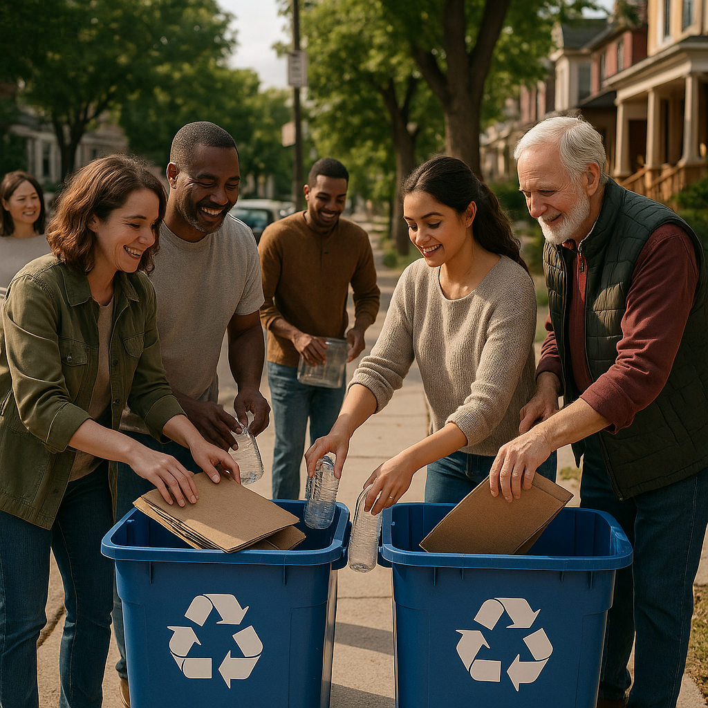 Community Recycling Effort Diverse group of neighbors filling recycling bins together in a clean urban neighborhood, smiling and working as a team