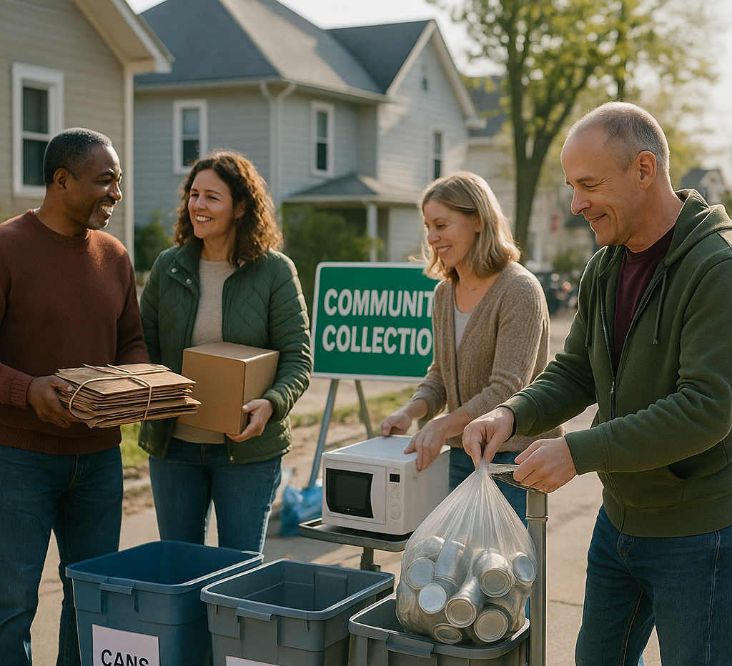 Neighbors bringing scrap materials to a local collection point, showcasing friendly interactions in a clean environment and a strong sense of community.