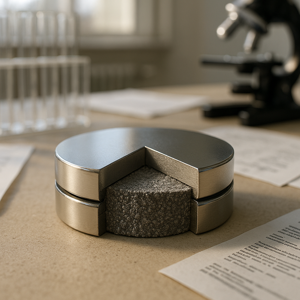 Close-Up of Sliced Neodymium-Iron-Boron Magnet Close-up photo of a shiny neodymium-iron-boron magnet sliced open, showcasing metallic layers and granular texture on a laboratory table in a scientific setting.