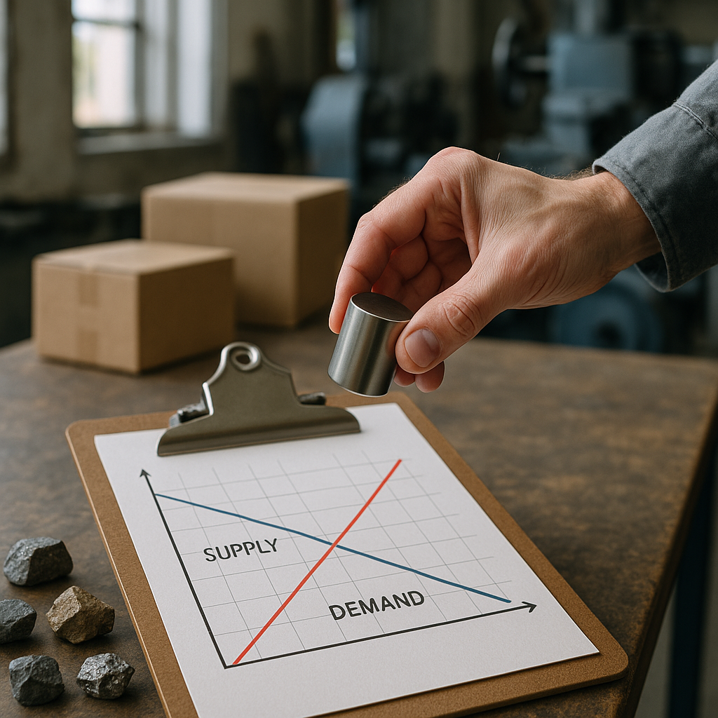 Neodymium Magnet Above Supply and Demand Chart Close-up of a person's hand holding a neodymium magnet above a supply and demand chart on a clipboard, with rare earth mineral samples, shipping boxes, and manufacturing machinery parts in the background.