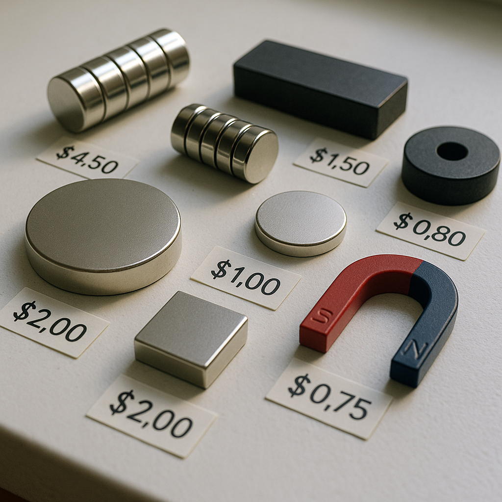 Close-up of Neodymium and Other Types of Magnets Close-up of neodymium magnets and various types of magnets on a white table, showing price tags next to each magnet.