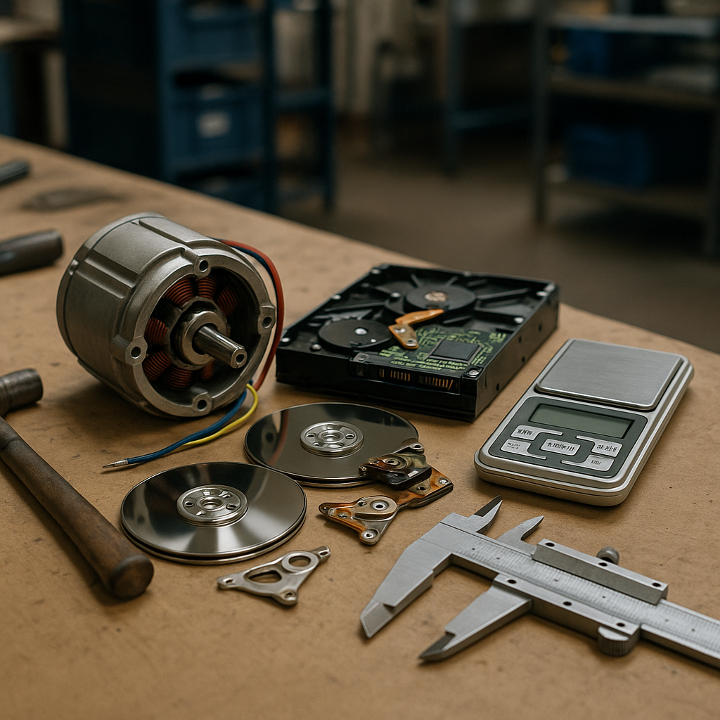 Nickel-Based Products Montage Montage of nickel-based products including electric motor components, hard drive parts, and scientific instruments on a workbench.