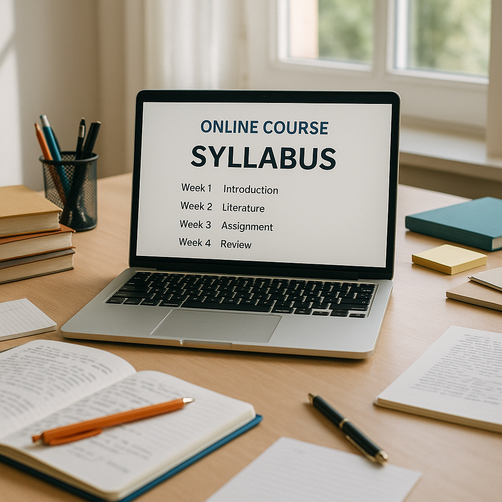 Online Course Syllabus on Laptop Open laptop displaying an online course syllabus, surrounded by notebooks and study materials on a tidy desk, natural daylight