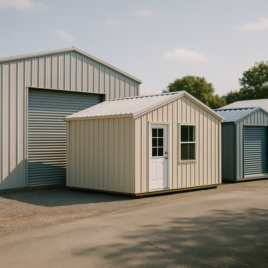 Row of different prefab metal buildings including warehouse, office, and storage unit, with a variety of sizes and shapes on a sunny day.