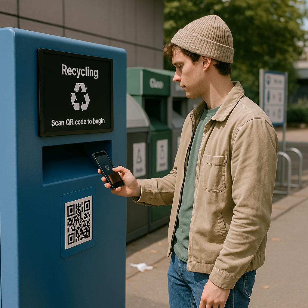 Person scanning QR code on recycling bin with smartphone at modern drop-off site, digital screen displaying information.