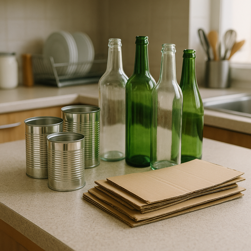 Assorted Recyclable Items on Kitchen Counter Assorted recyclable items neatly organized on a kitchen counter, including metal cans, glass bottles, and cardboard boxes.