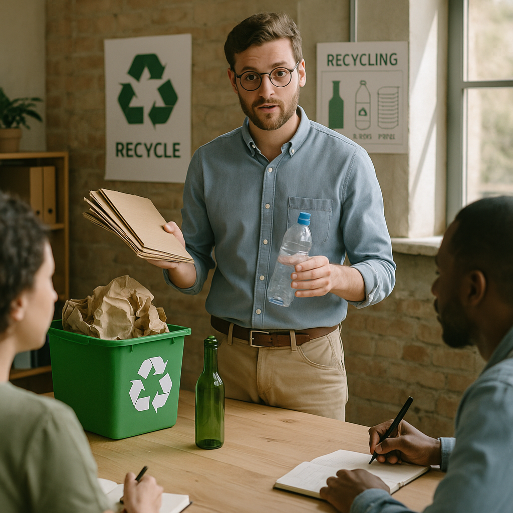 Recyclable Materials Workshop Instructor showing different recyclable materials like paper, plastic, and glass to participants at a workshop table.