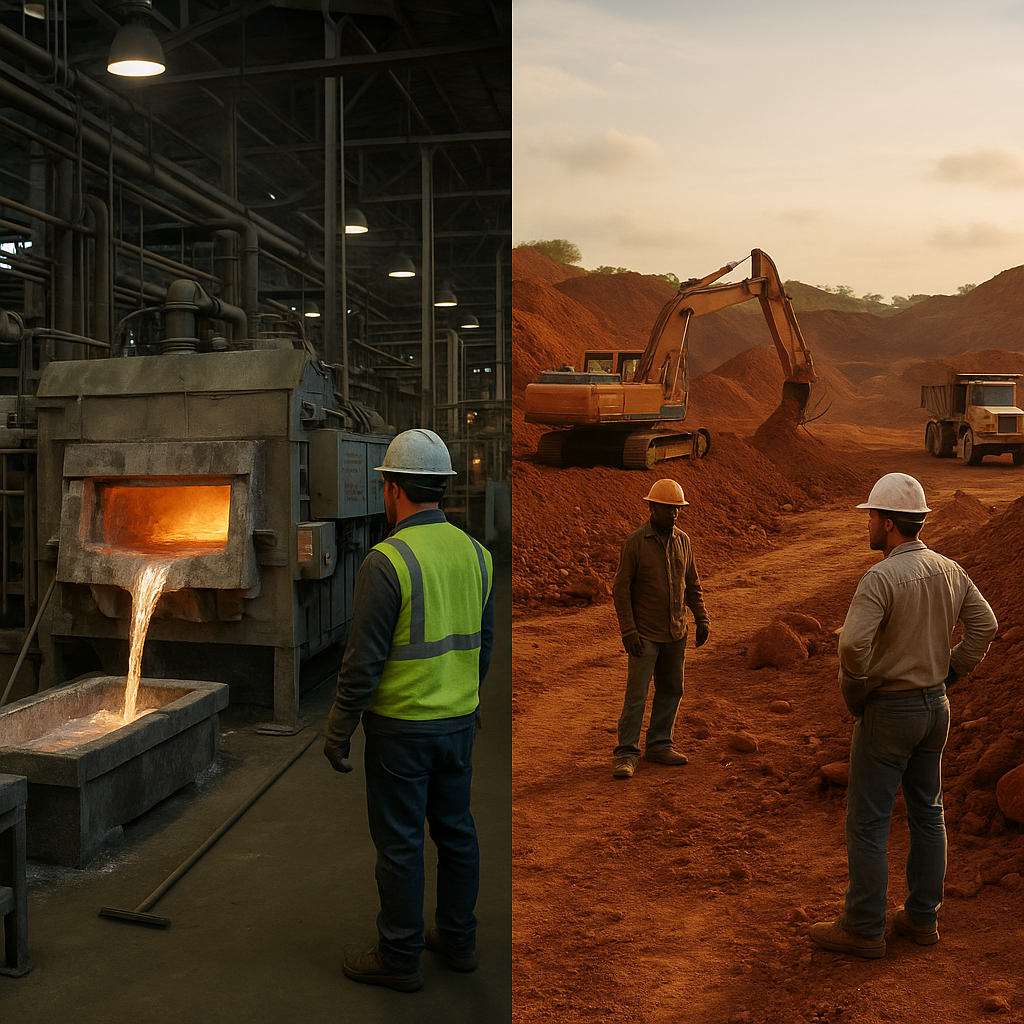 Recycled Aluminum Smelting and Bauxite Mining Comparison Split-screen image showing a recycled aluminum smelting furnace on the left and a bauxite mining operation on the right.