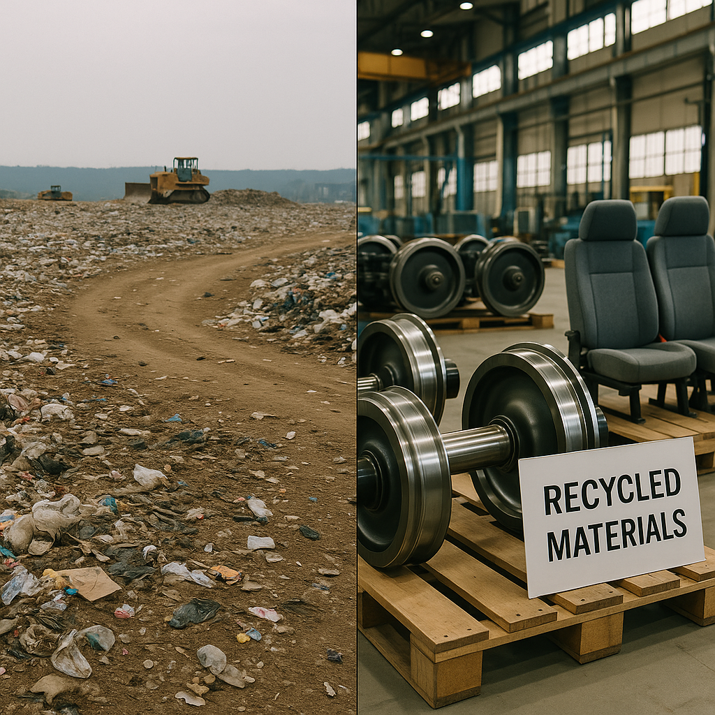 Recycling Benefits: Landfill Reduction and Innovative Train Parts Split-screen image showing reduced landfill waste on one side and new train parts made from recycled materials on the other side.