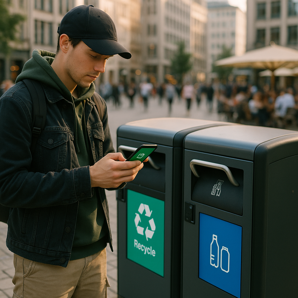 Person using a recycling app on smartphone beside smart recycling bins with digital screens in a city square