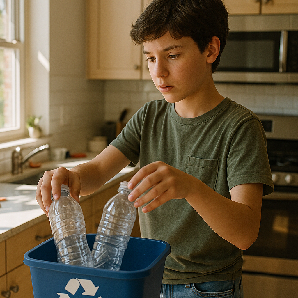 Young Person Recycling in the Kitchen Young person placing plastic bottles into a blue recycling bin in a sunny kitchen, learning expression on face