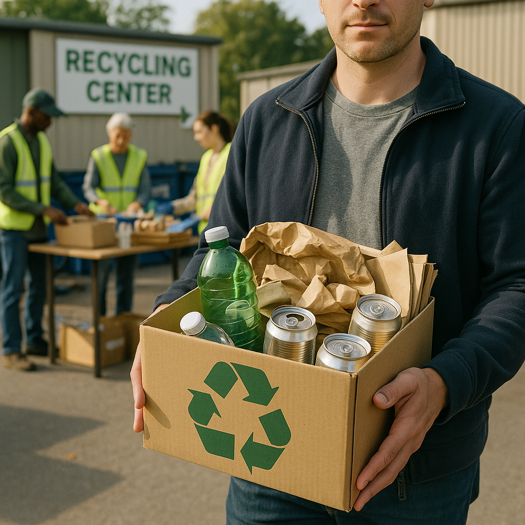 Community Recycling Effort Person dropping off a box of recyclable materials at a community recycling center with volunteers sorting items in the background