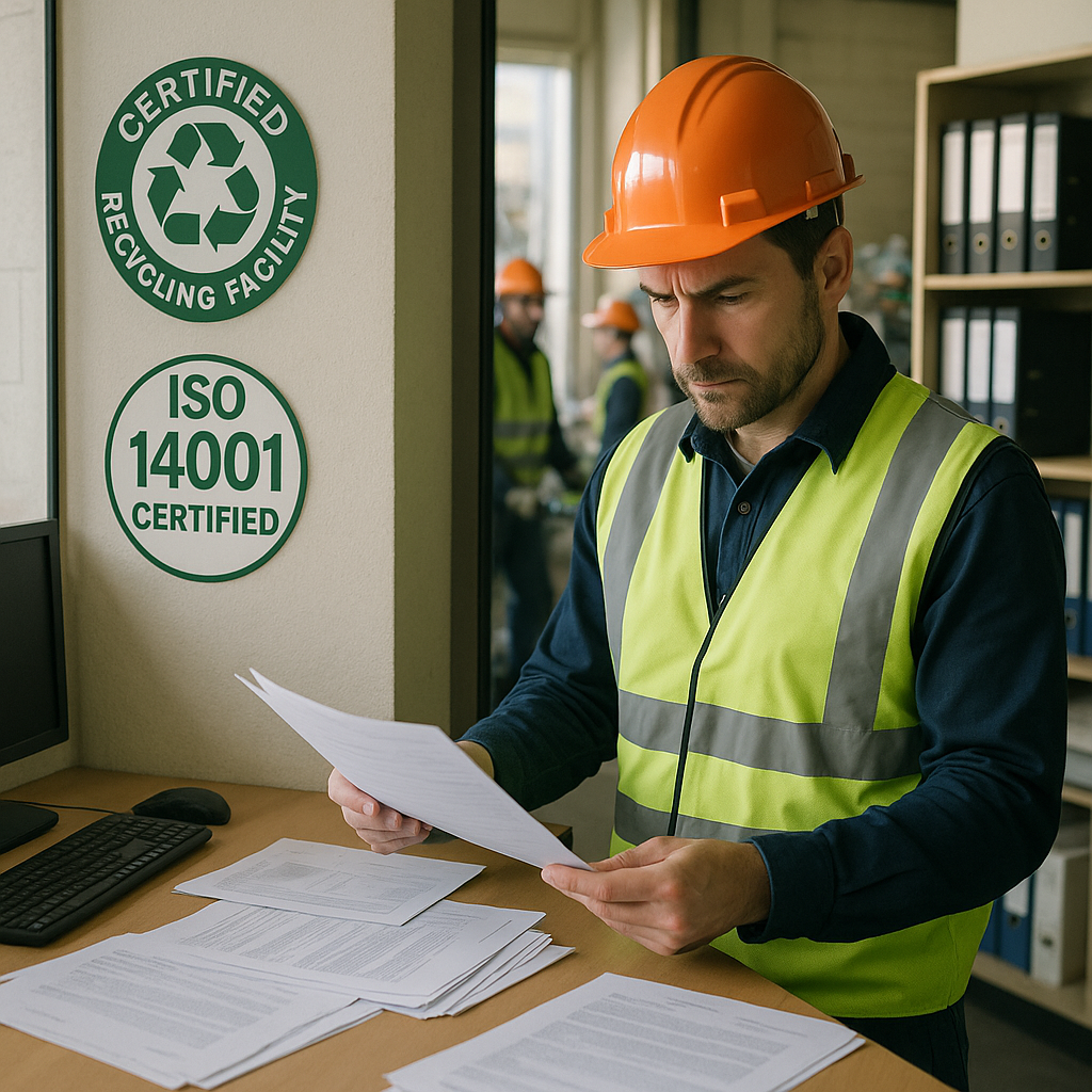 Inspector at Recycling Facility Inspector reviewing recycling facility documents with certification badges on the wall and workers following safety protocols in the background