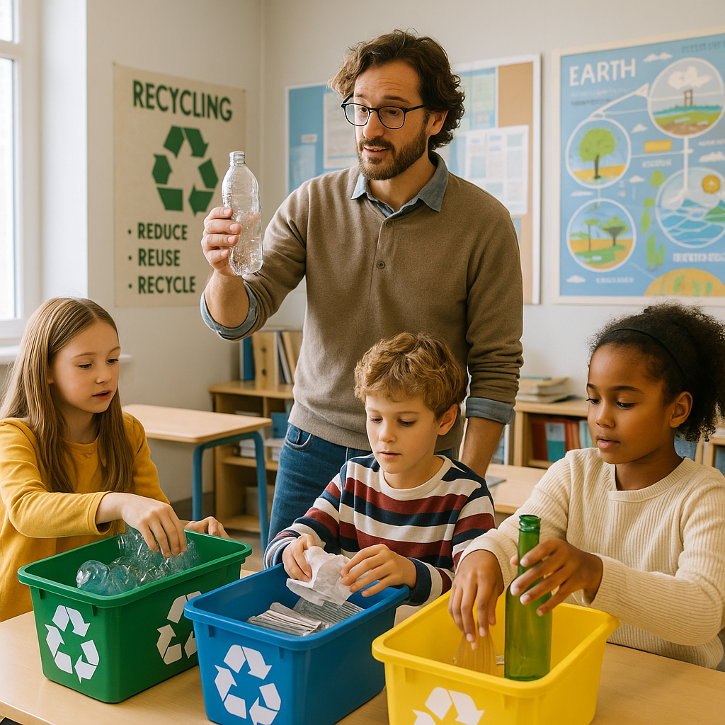 Recycling Process in Classroom Science teacher demonstrating recycling process with students sorting plastics, paper, and glass in a bright classroom with educational posters.