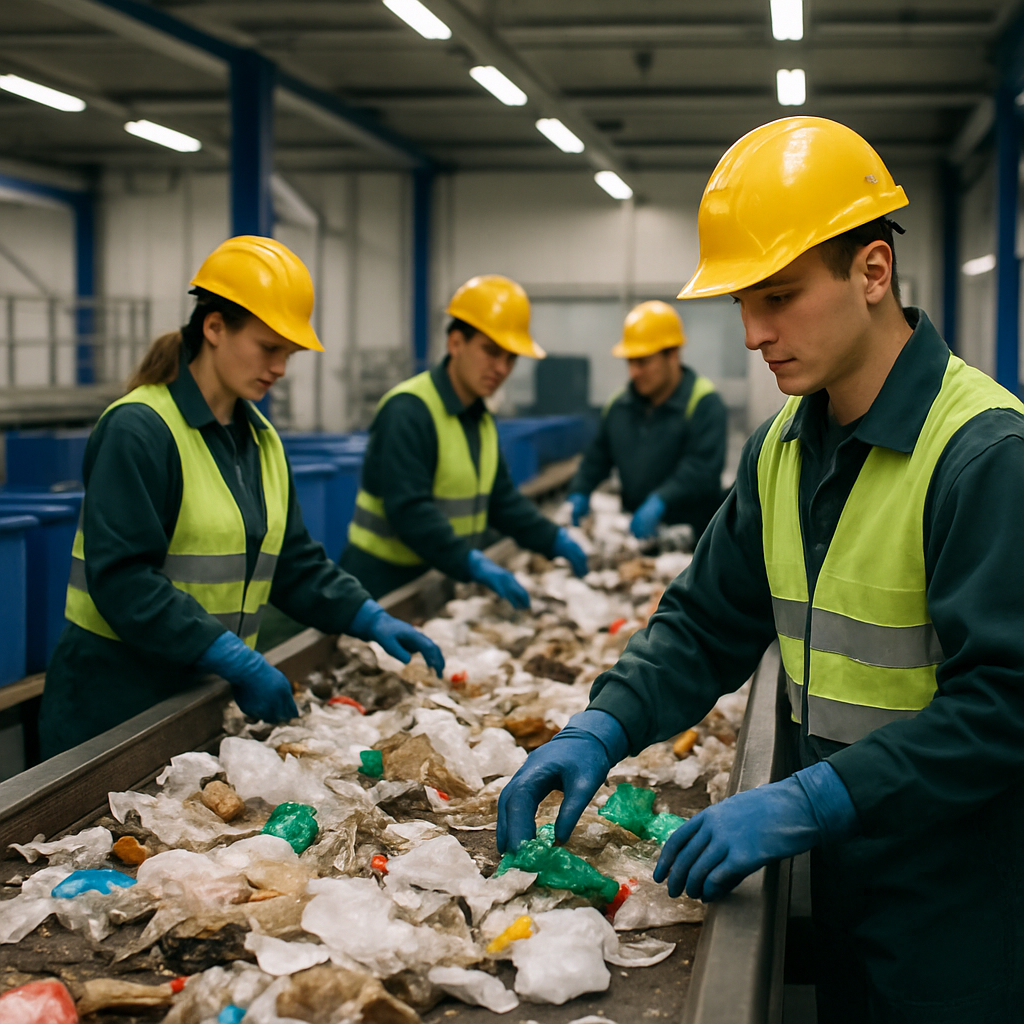 Recycling Facility Operations Workers sorting recyclable materials on conveyor belts in a clean, modern recycling facility with safety gear and organized bins.