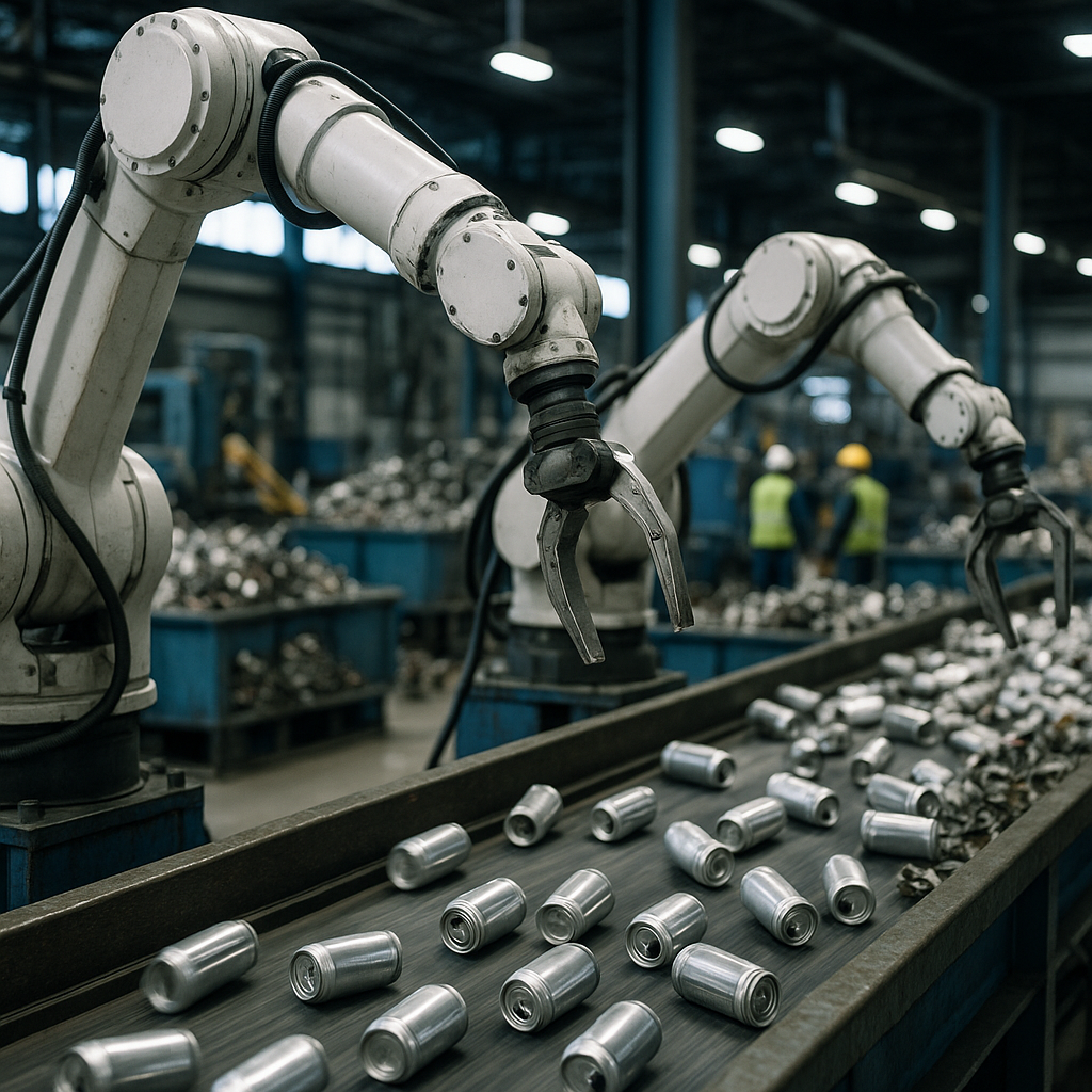 Robotic Arms Sorting Aluminum Cans Modern robotic arms sorting aluminum cans on a high-speed conveyor belt in an industrial recycling facility.